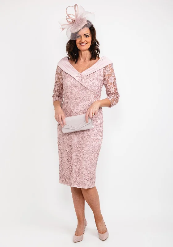 Veni Infantino Wide Neckline Lace Midi Dress, Dusty Rose Stylish Halter Neck Midi Dress