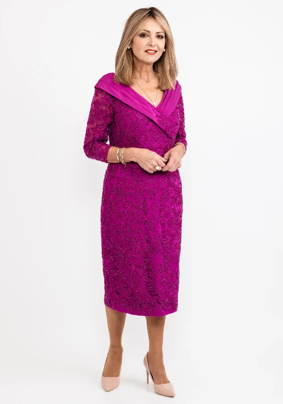 Veni Infantino Beaded Floral Midi Dress, Fuchsia Stylish Satin Midi Dress