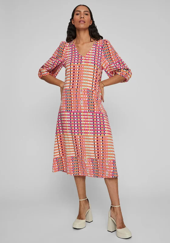 Vila Pipe Check Print Midi Dress, Multi Elegant Pleated Detail Midi Dress