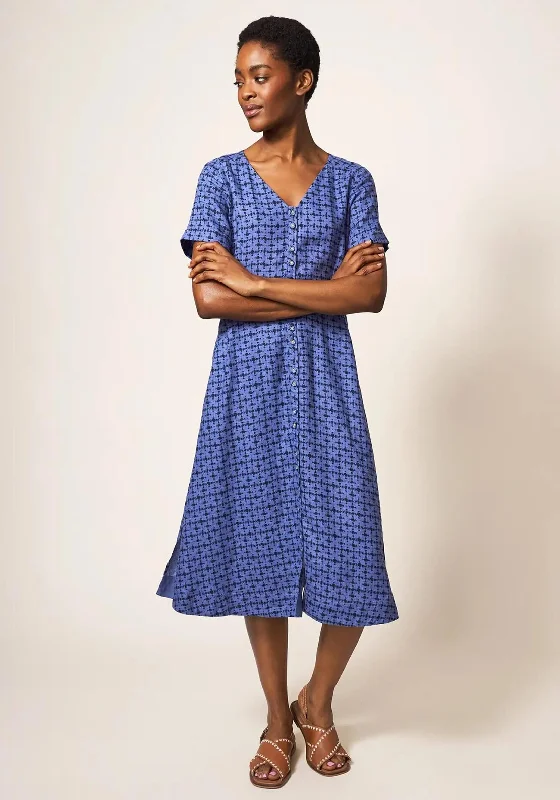 White Stuff Ivy Linen Midi Dress, Blue Elegant Puff Sleeve Midi Dress