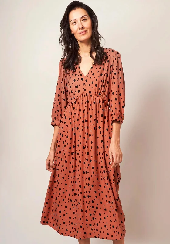 White Stuff Lucy Dalmatian Print Midi Dress, Orange Trendy Tiered Hem Midi Dress