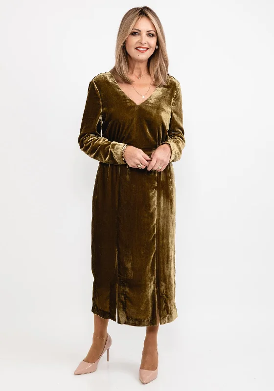 White Stuff Nadia Velvet Midi Dress, Dark Chartreuse Cozy T-shirt Midi Dress