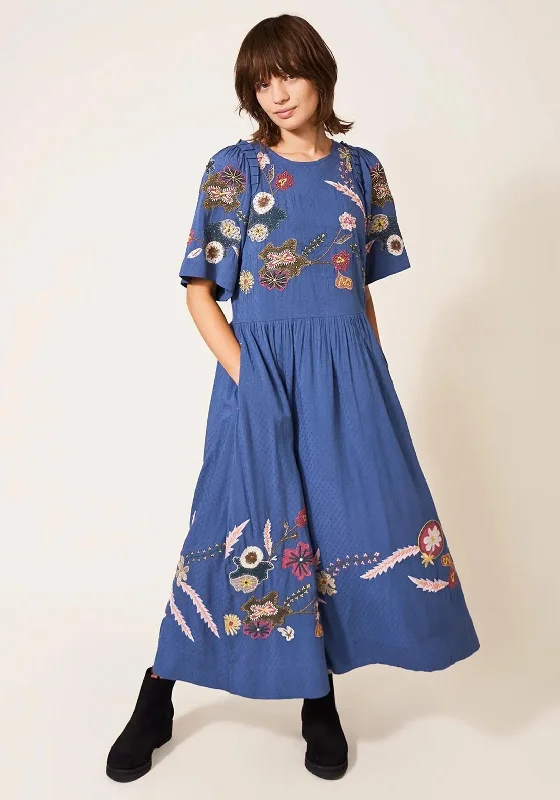 White Stuff Pippa Embroidered Midi Dress, Blue Multi Elegant Faux Wrap Midi Dress