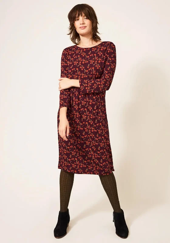 White Stuff Talia Floral Midi Dress, Plum Multi Trendy Mock Neck Midi Dress