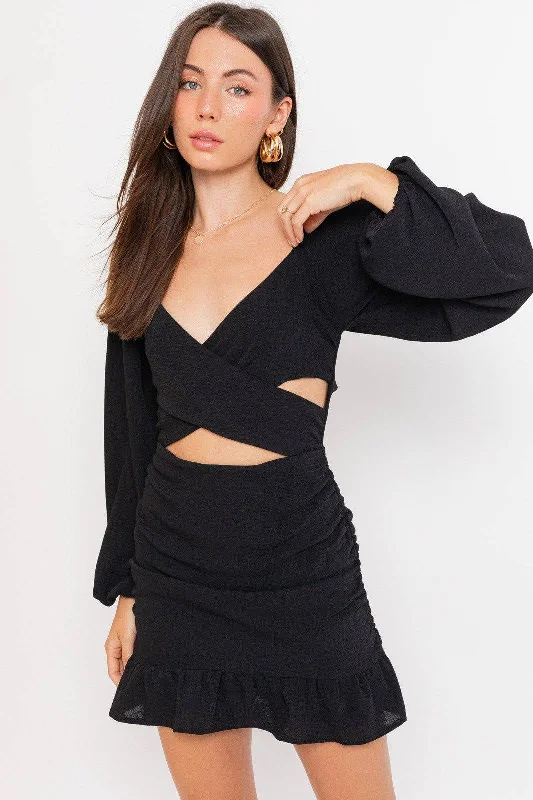 Wrap Me Up Cut Out Black Mini Dress Comfortable Boho Mini Dress