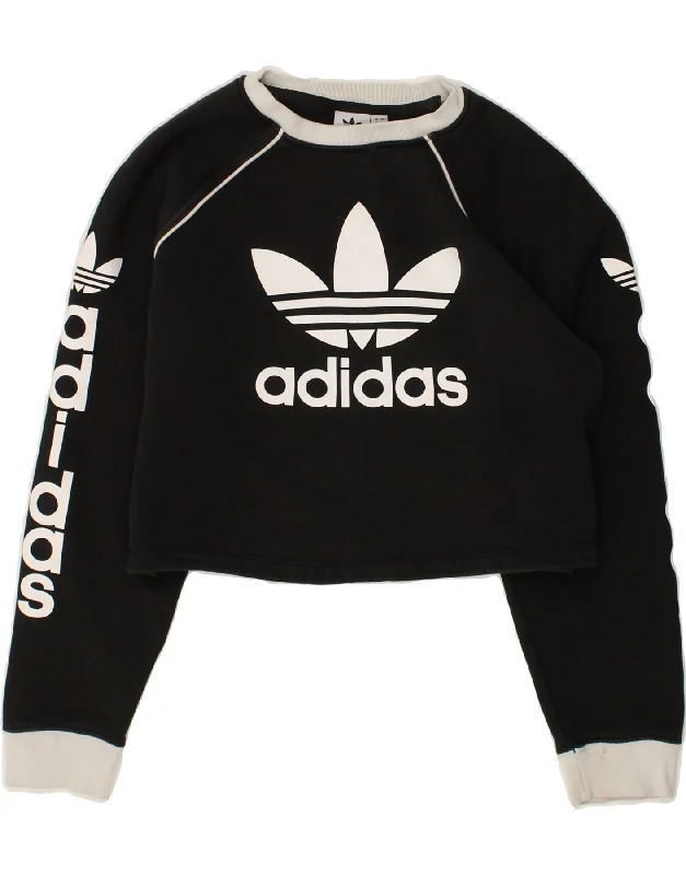 ADIDAS Womens Crop Graphic Sweatshirt Jumper UK 12 Medium  Black Cotton Hoodie with Patch Decorative Personalized