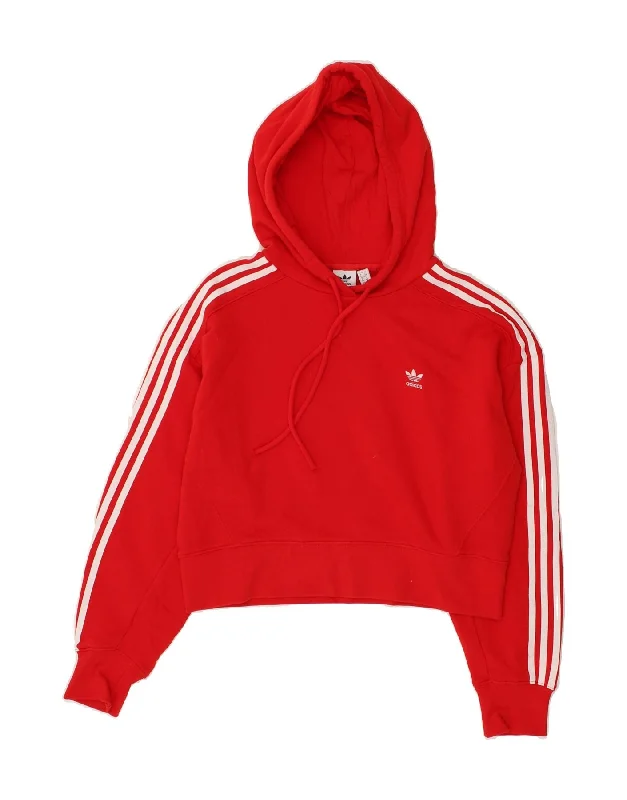 ADIDAS Womens Crop Hoodie Jumper UK 8 Small Red Cotton Hoodie with Mock Neck Collared Structured