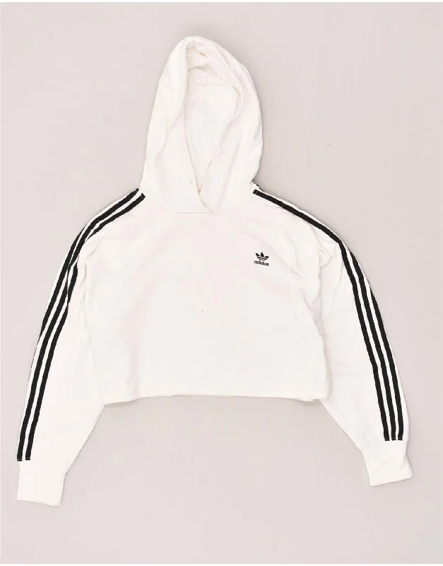 ADIDAS Womens Crop Oversized Hoodie Jumper UK 8 Small White Cotton Hoodie with Hem Elastic Stretchable Comfortable