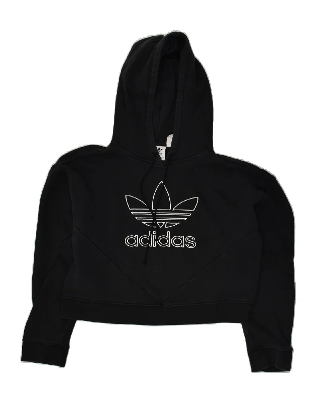 ADIDAS Womens Graphic Crop Hoodie Jumper UK 8 Small  Black Cotton Hoodie with Drawcord Adjustable Secure