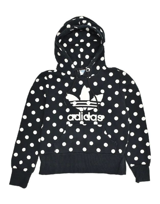 ADIDAS Womens Graphic Hoodie Jumper EU 40 Medium Navy Blue Polka Dot Hoodie with Hem Frayed Vintage Worn