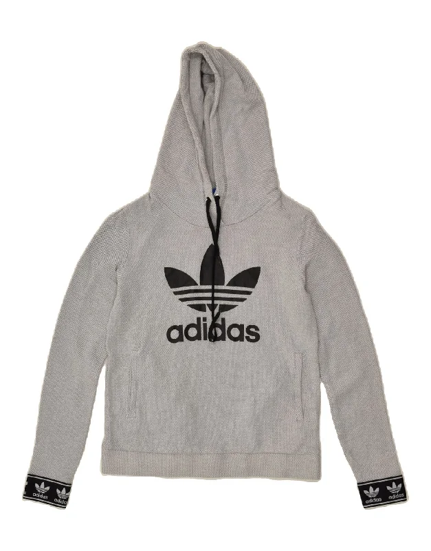 ADIDAS Womens Graphic Hoodie Jumper UK 10 Small Grey Polyester Hoodie with Hidden Zipper Minimalist Clean