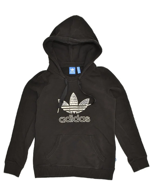 ADIDAS Womens Graphic Hoodie Jumper UK 12 Medium Black Cotton Hoodie with Mesh Breathable Sporty