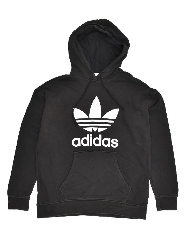 ADIDAS Womens Graphic Hoodie Jumper UK 14 Large Black Cotton Zip Hoodie Drawstring Kangaroo Pocket