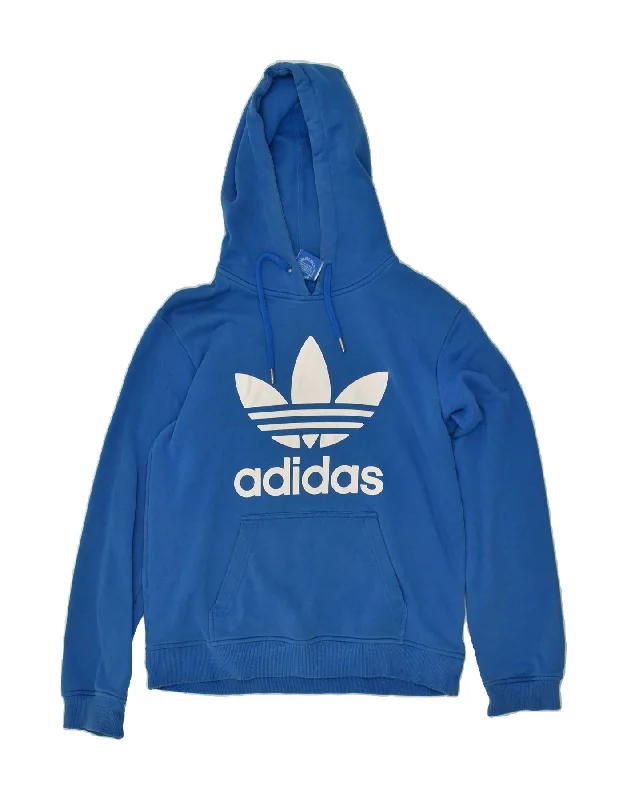 ADIDAS Womens Graphic Hoodie Jumper UK 14 Medium Blue Cotton Hoodie with Embroidery Detailed Premium