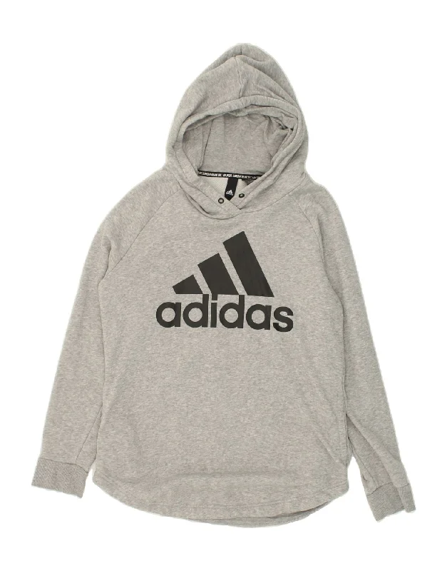 ADIDAS Womens Graphic Hoodie Jumper UK 16/18 Large Grey Cotton Hoodie with High-Low Hem Asymmetrical Trendy