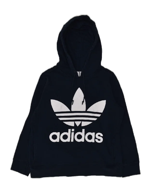 ADIDAS Womens Graphic Hoodie Jumper UK 18 XL Navy Blue Cotton Hoodie with Ribbed Cuffs Snug Fit Comfort