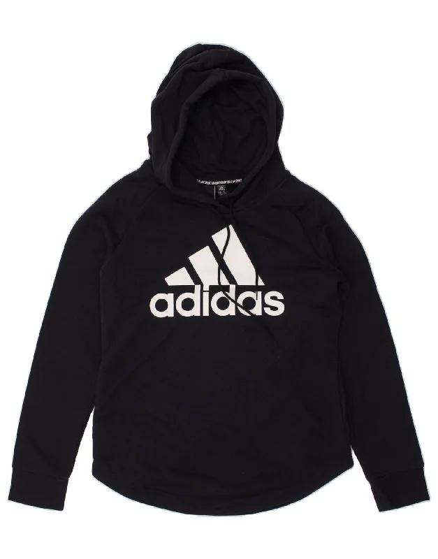 ADIDAS Womens Graphic Hoodie Jumper UK 8/10 Small Navy Blue Cotton Hoodie Jacket Zipper Layering