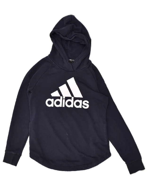 ADIDAS Womens Graphic Hoodie Jumper UK 8/10 Small Navy Blue Cotton Hoodie with Drawcord Adjustable Secure