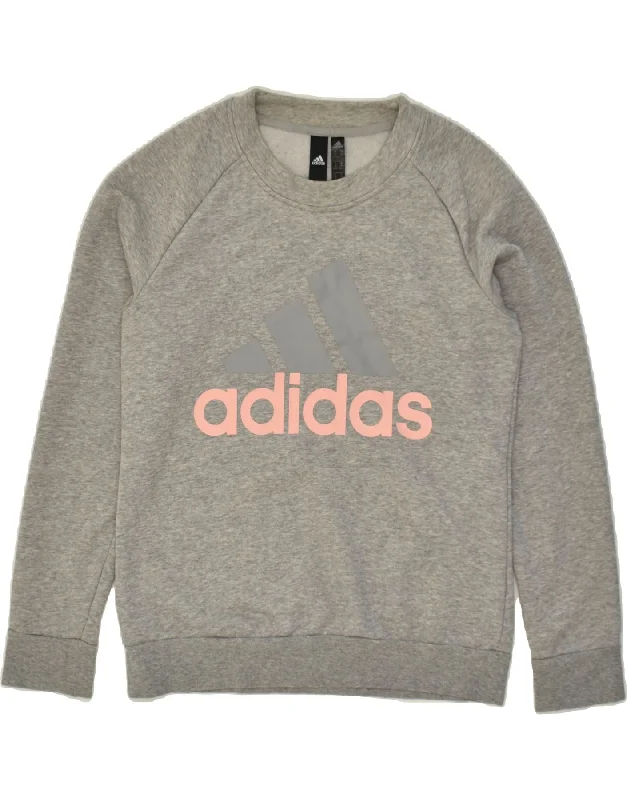 ADIDAS Womens Graphic Sweatshirt Jumper UK 12-14 Medium Grey Cotton Hoodie with Frayed Bohemian Relaxed