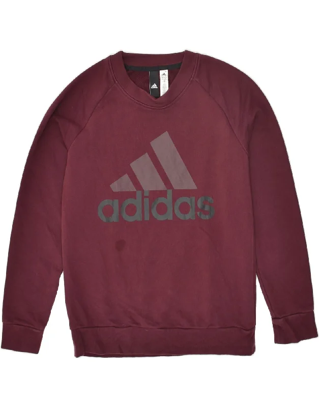 ADIDAS Womens Graphic Sweatshirt Jumper UK 12/14 Medium Maroon Cotton Hoodie with Hem Patch Decorative Personalized