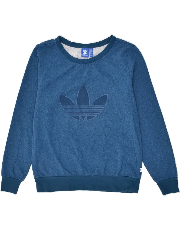 ADIDAS Womens Graphic Sweatshirt Jumper UK 14 Large  Blue Cotton Hoodie with Stripes Bold Sporty