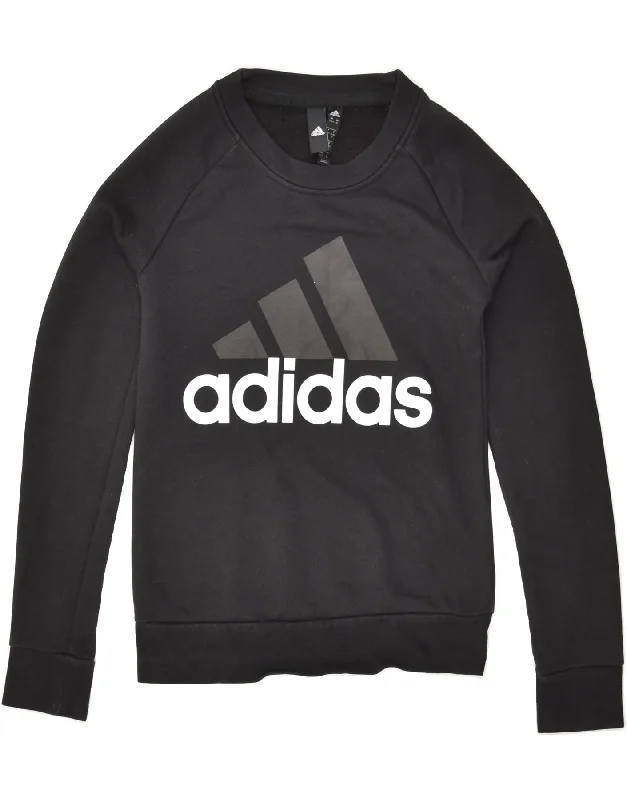 ADIDAS Womens Graphic Sweatshirt Jumper UK 4/6 XS Black Cotton Hoodie with Strings Custom Fit Adjustable