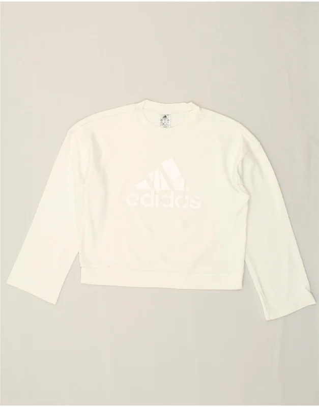 ADIDAS Womens Graphic Sweatshirt Jumper UK 8/10 Small White Cotton Hoodie with Slit Hem Functional Movement