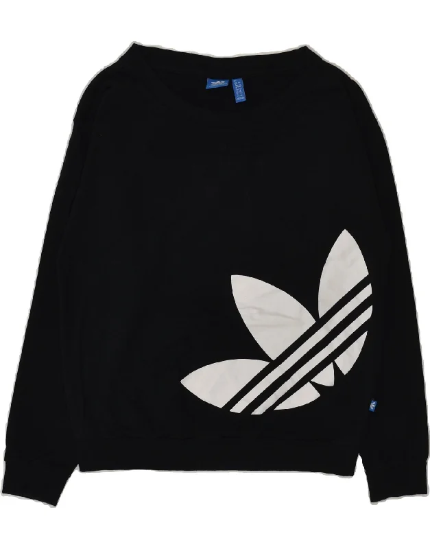 ADIDAS Womens Graphic Sweatshirt Jumper UK 8 Small Black Cotton Hoodie with Stripes Bold Sporty