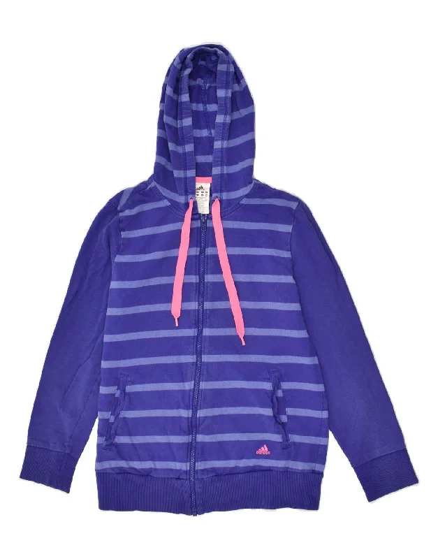 ADIDAS Womens Hoodie Jumper UK 12/14 Medium Blue Striped Cotton Hoodie with Drawstring Waist Adjustable Fitted