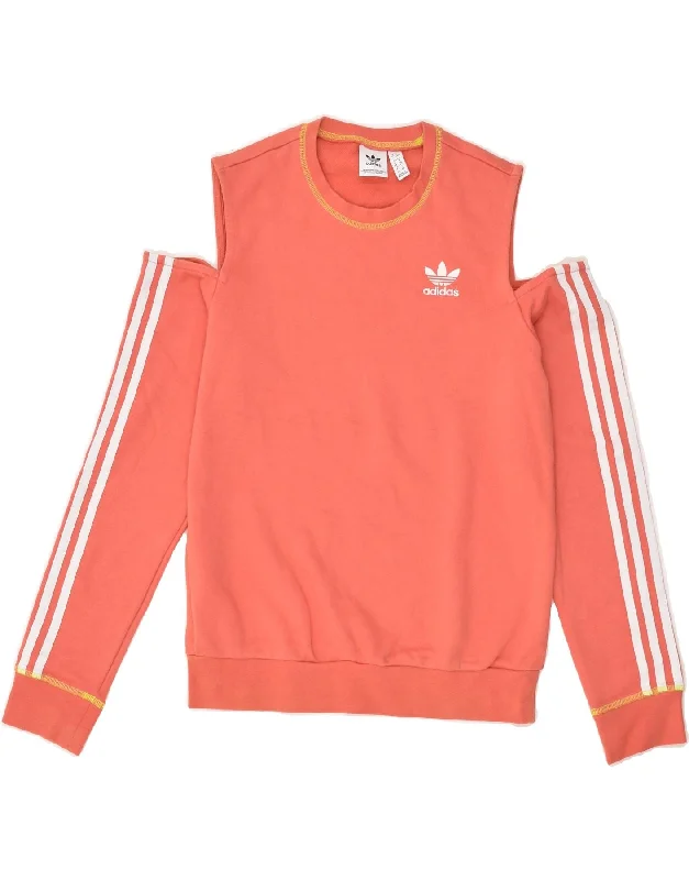 ADIDAS Womens Off Shoulder Sweatshirt Jumper UK 8 Small Orange Cotton Hoodie with Ribbed Hem Stretchable Secure