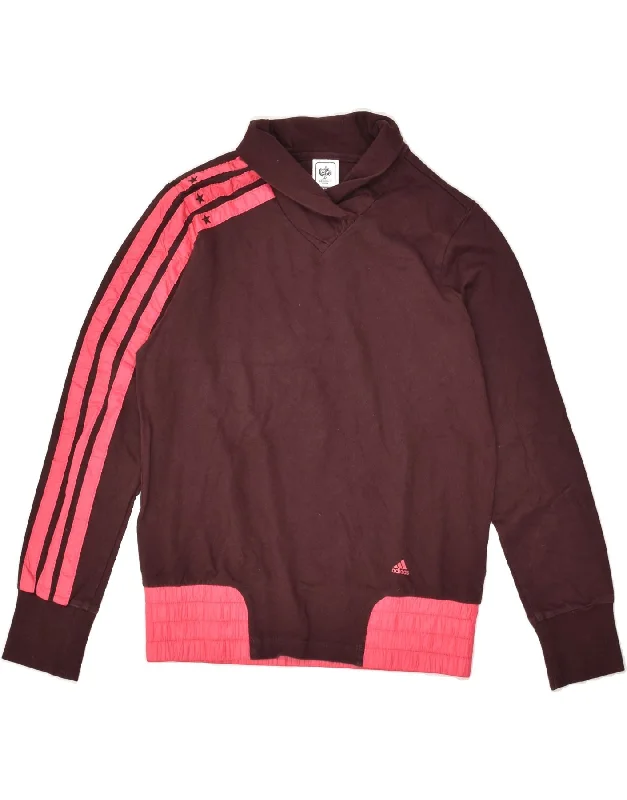 ADIDAS Womens Shawl Neck Sweatshirt Jumper UK 14 Large Maroon Cotton Hoodie with Embroidery Detailed Premium