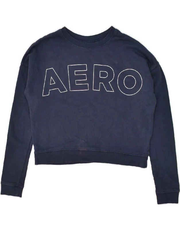 AEROPOSTALE Womens Graphic Sweatshirt Jumper UK 6 XS Navy Blue Cotton Hoodie with Patch Decorative Personalized