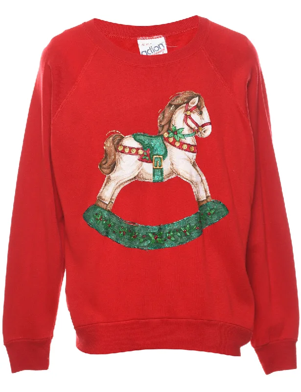 Animal Design Christmas Sweatshirt - L Hoodie with Front Slit Layering Stylish