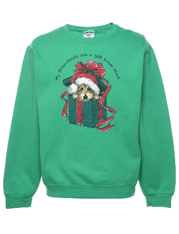 Animal Design Christmas Sweatshirt - M Hoodie with Hem Raw Edge Edgy Unfinished