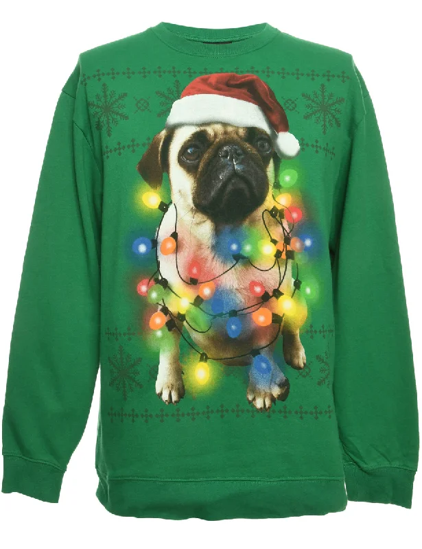 Animal Design Green Christmas Sweatshirt - L Hoodie with Pocket Utility Practical