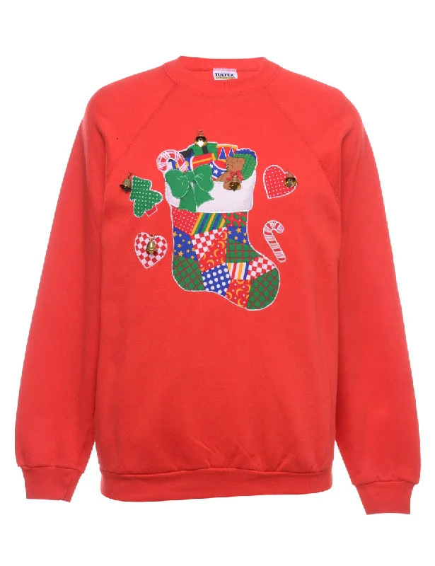 Beyond Retro Reworked Christmas Sweatshirt With Bells - L Hoodie with Applique Textured Unique