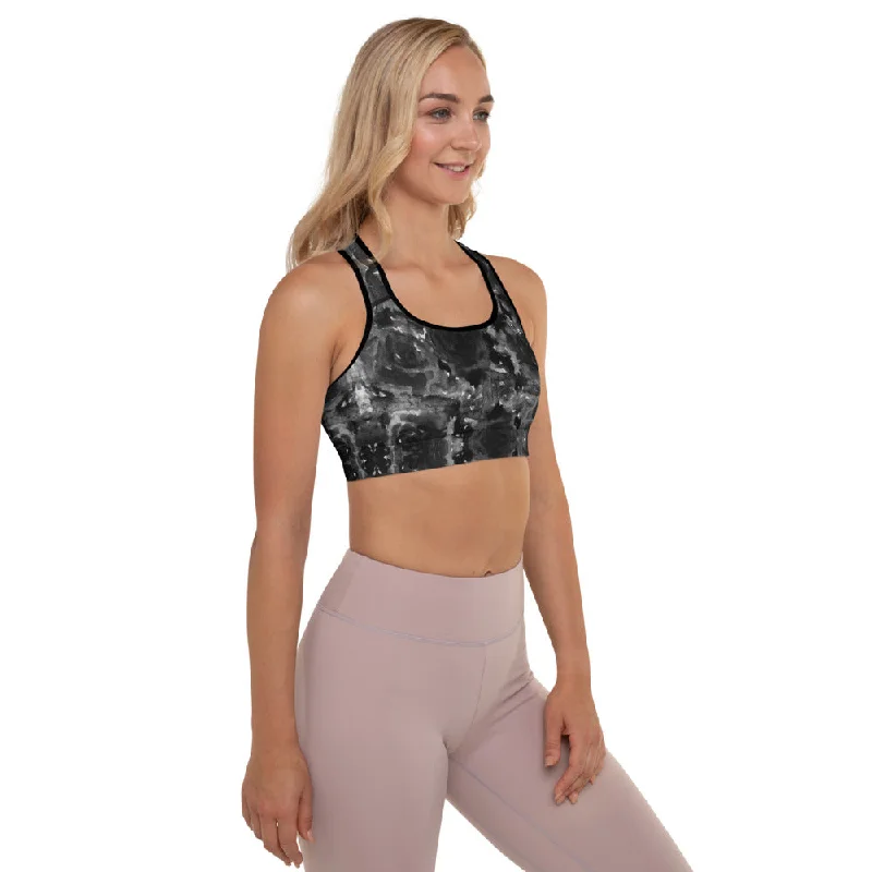 Black Floral Padded Sports Bra, Abstract Flower Rose Printed Workout Bra-Made in USA/EU Supportive Sports Bra