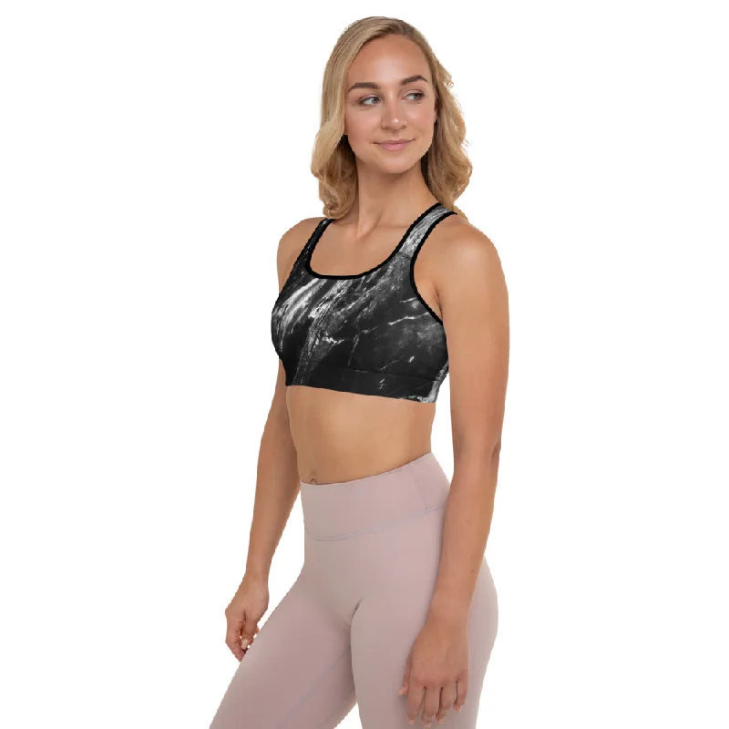 Black Marble Padded Sports Bra, Abstract Marbled Print Women's Gym Bra-Made in USA/EU/MX Stylish Strapless Bra