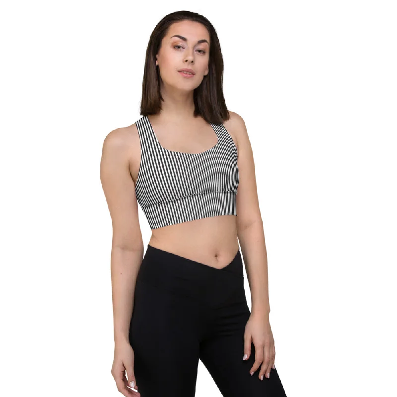 Black White Striped Sports Bra, Best Vertical Stripes Longline Sports Bra For Ladies-Made in USA/EU/MX High-Cut Bra Design