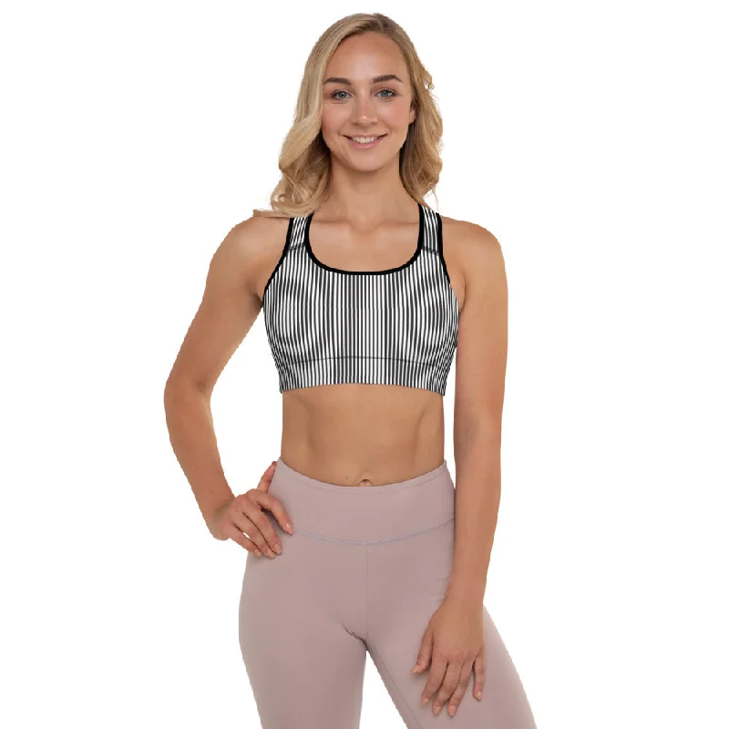 Black White Striped Sports  Bra, Vertically Striped Padded Sports Bra For Ladies-Made in USA/EU/MX Ultra-Light Bra