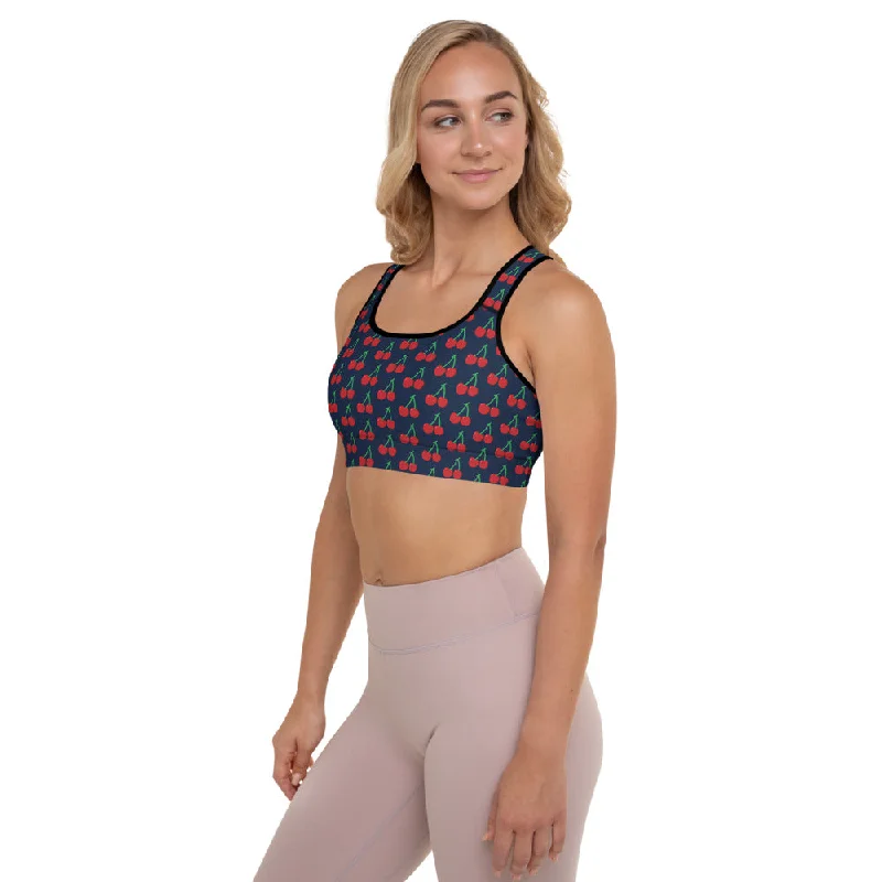 Blue Cherries Padded Sports Bra, Red Cherry Print Women's Fitness Bra-Made in USA/EU Versatile Bralette Set