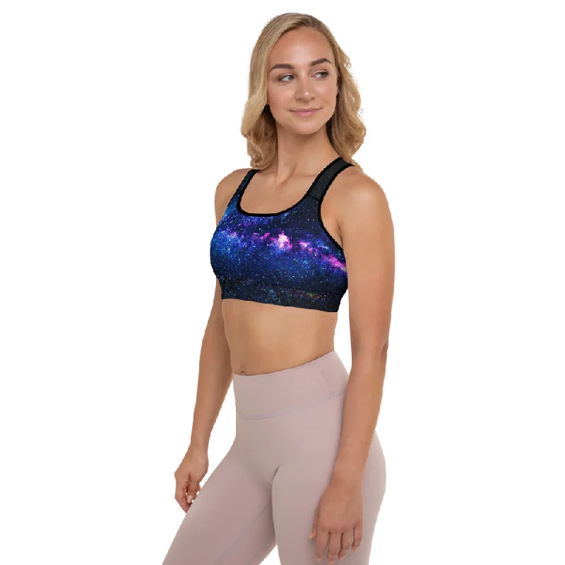 Blue Galaxy Padded Sports Bra, Purple Space Print Women's Workout Gym Bra-Made in USA/EU/MX Soft Cotton Bra