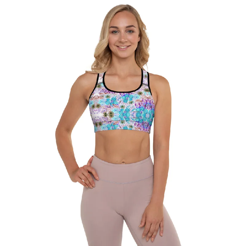 Blue Rose Padded Sports Bra, Purple Mixed Floral Print Women's Workout Bra-Made in USA/EU/MX Chic Satin Bra