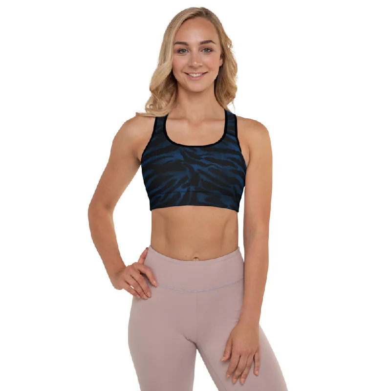 Blue Tiger Padded Sports Bra, Animal Stripes Print Workout Bra For Ladies-Made in USA/EU Full Coverage Bra