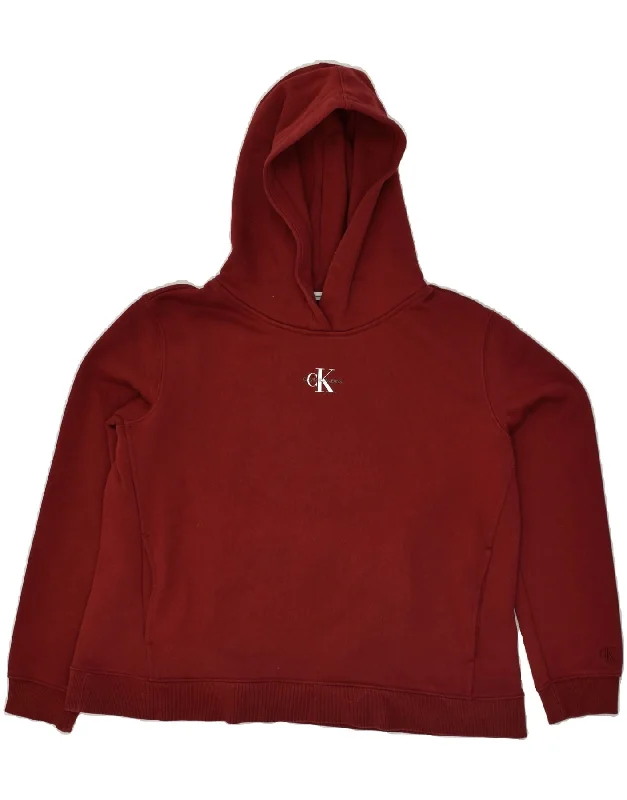 CALVIN KLEIN Womens Graphic Hoodie Jumper UK 14 Medium Burgundy Cotton Hoodie with Button Classic Timeless