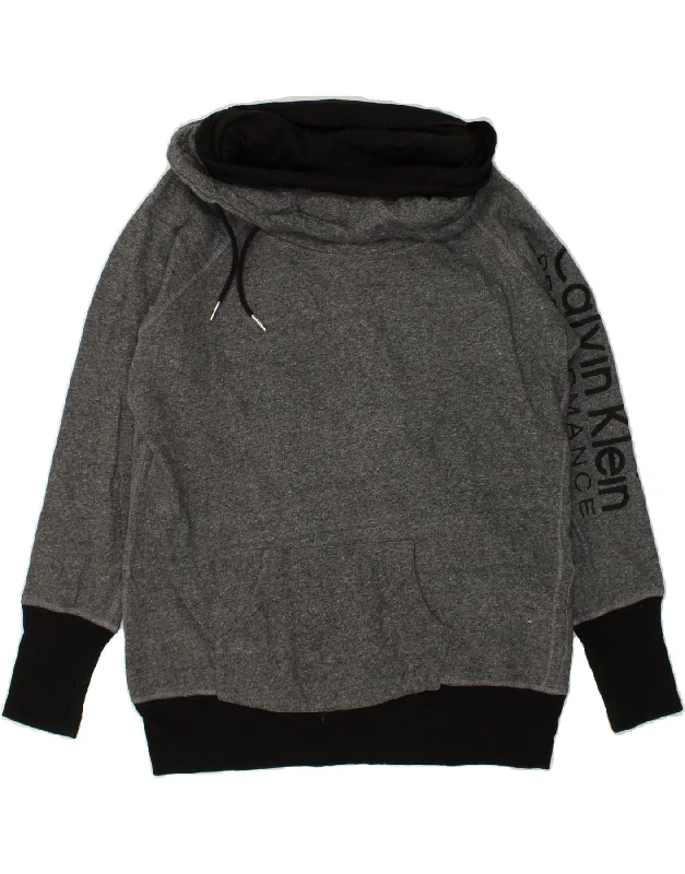 CALVIN KLEIN Womens Graphic Roll Neck Sweatshirt Jumper UK 16 Large Grey Hooded Sweatshirt Casual Wear Street Style