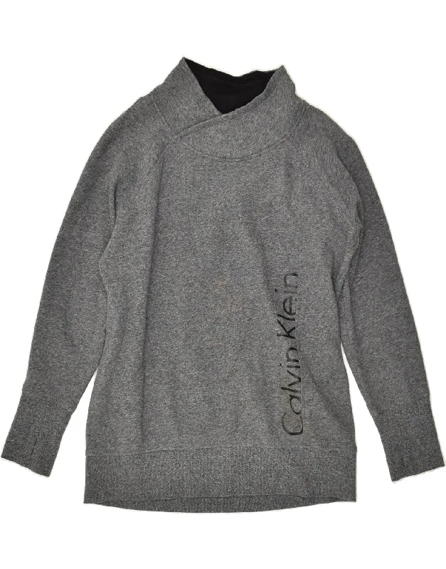 CALVIN KLEIN Womens Graphic Shawl Neck Sweatshirt Jumper UK 18 XL Grey Hoodie with Applique Textured Unique