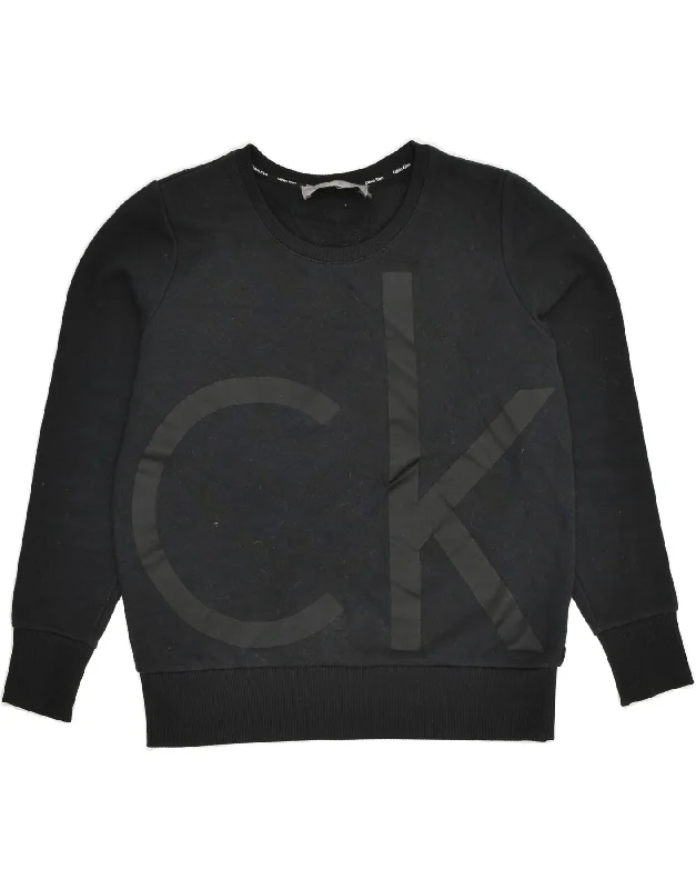 CALVIN KLEIN Womens Graphic Sweatshirt Jumper UK 8 Small Black Cotton Hoodie with Slim Fit Tailored Modern