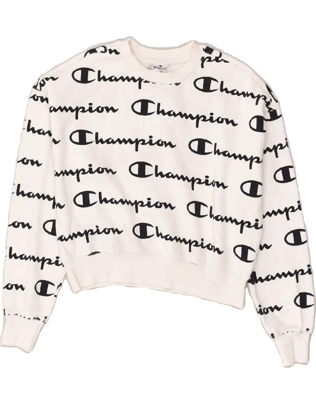 CHAMPION Womens Crop Graphic Sweatshirt Jumper UK 16 Large White Cotton Hoodie with Bell Sleeves Flared Feminine