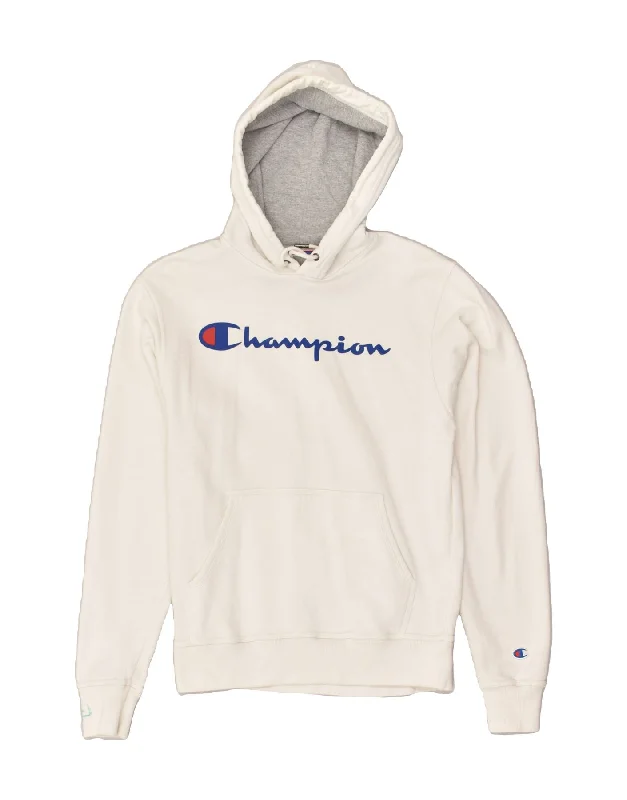 CHAMPION Womens Graphic Hoodie Jumper UK 10 Small White Cotton Hoodie with Print Artistic Unique